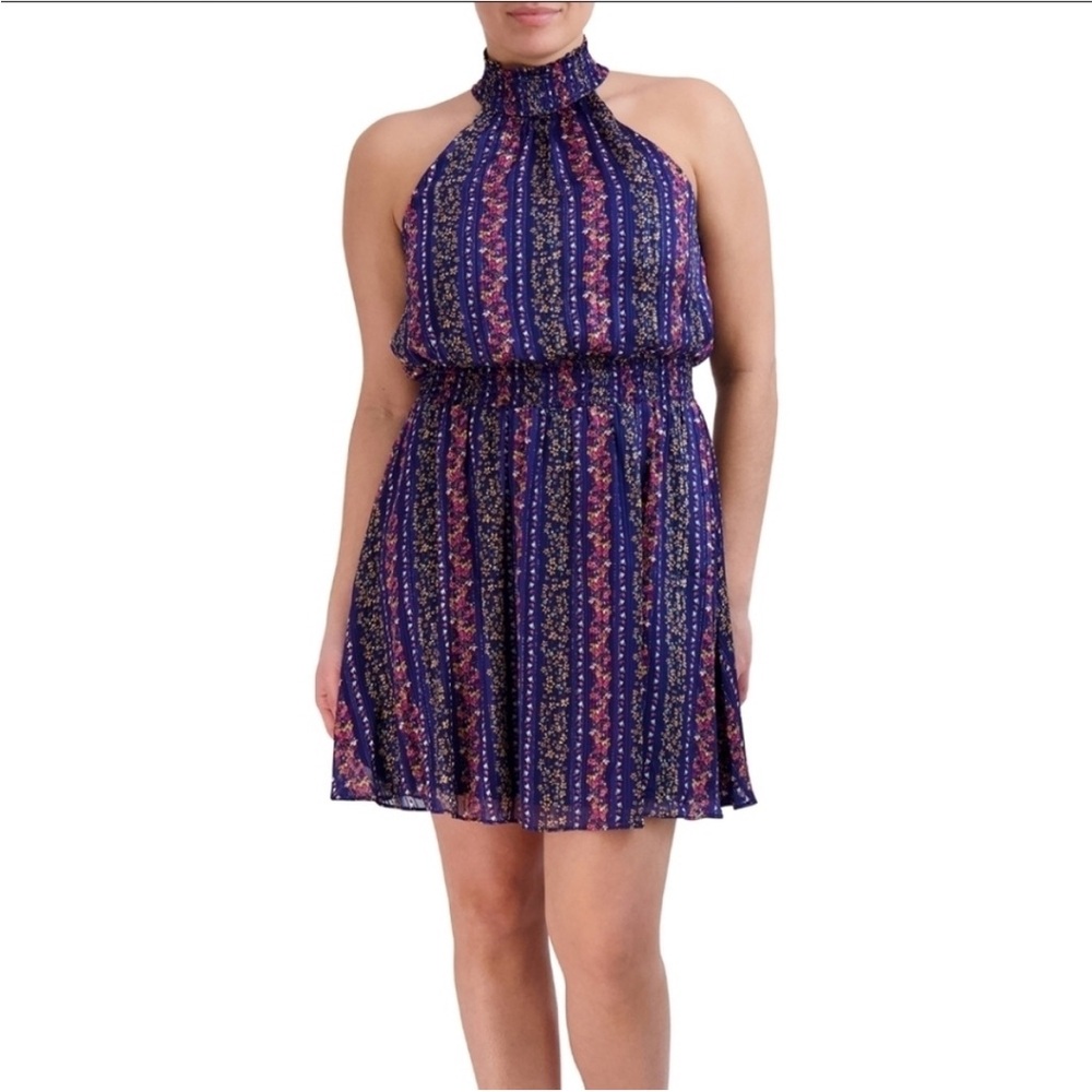 BCBG Paris Blue and Pink floral Mini Dress L